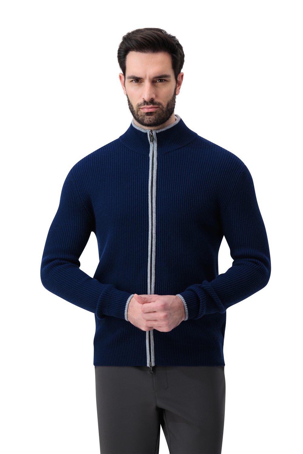 Full zip rib  merino wool sweater bay 
 smoke