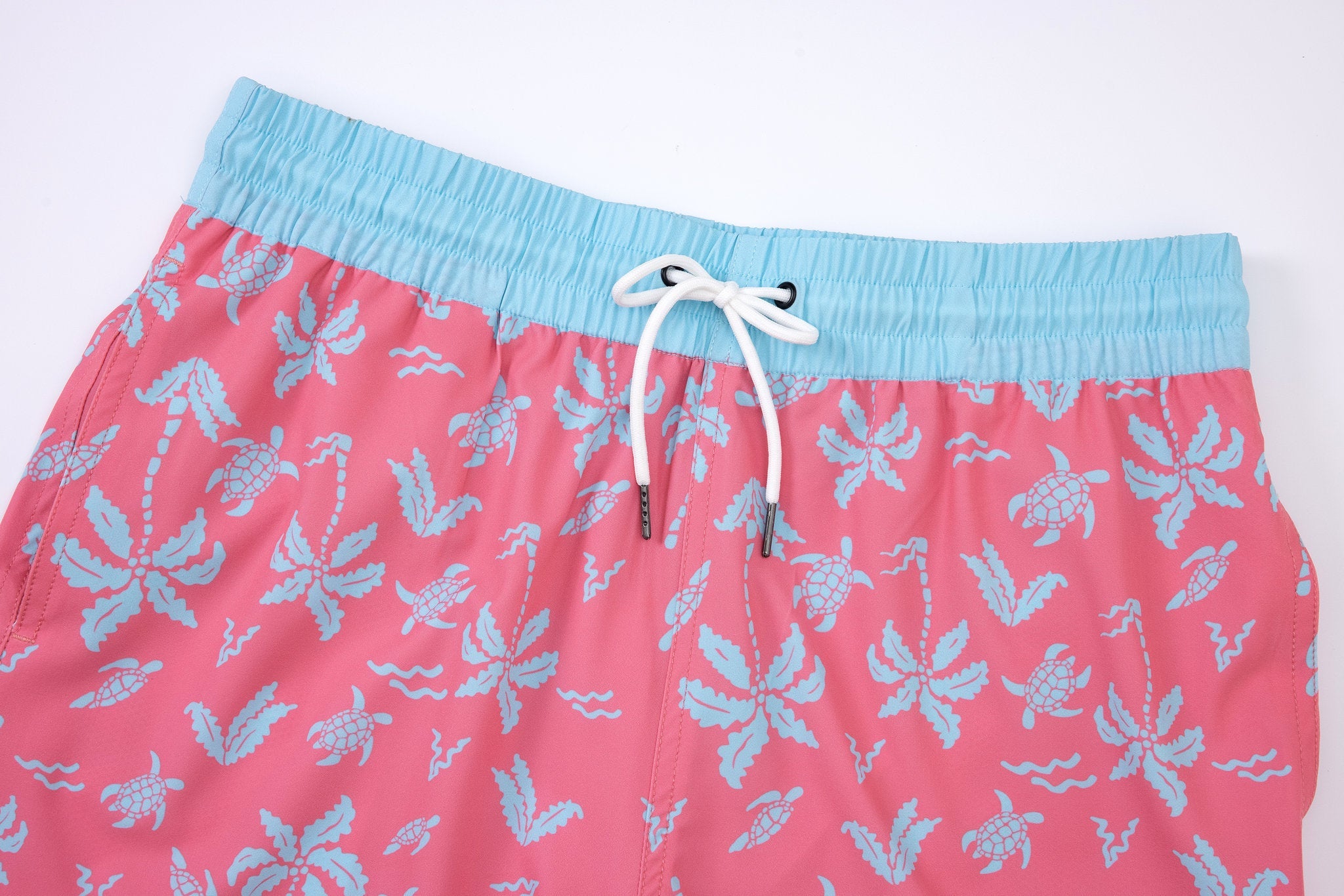 Aqua Palms Swim Shorts -Blue/Pink × Towel Polo-White — Combo Look
