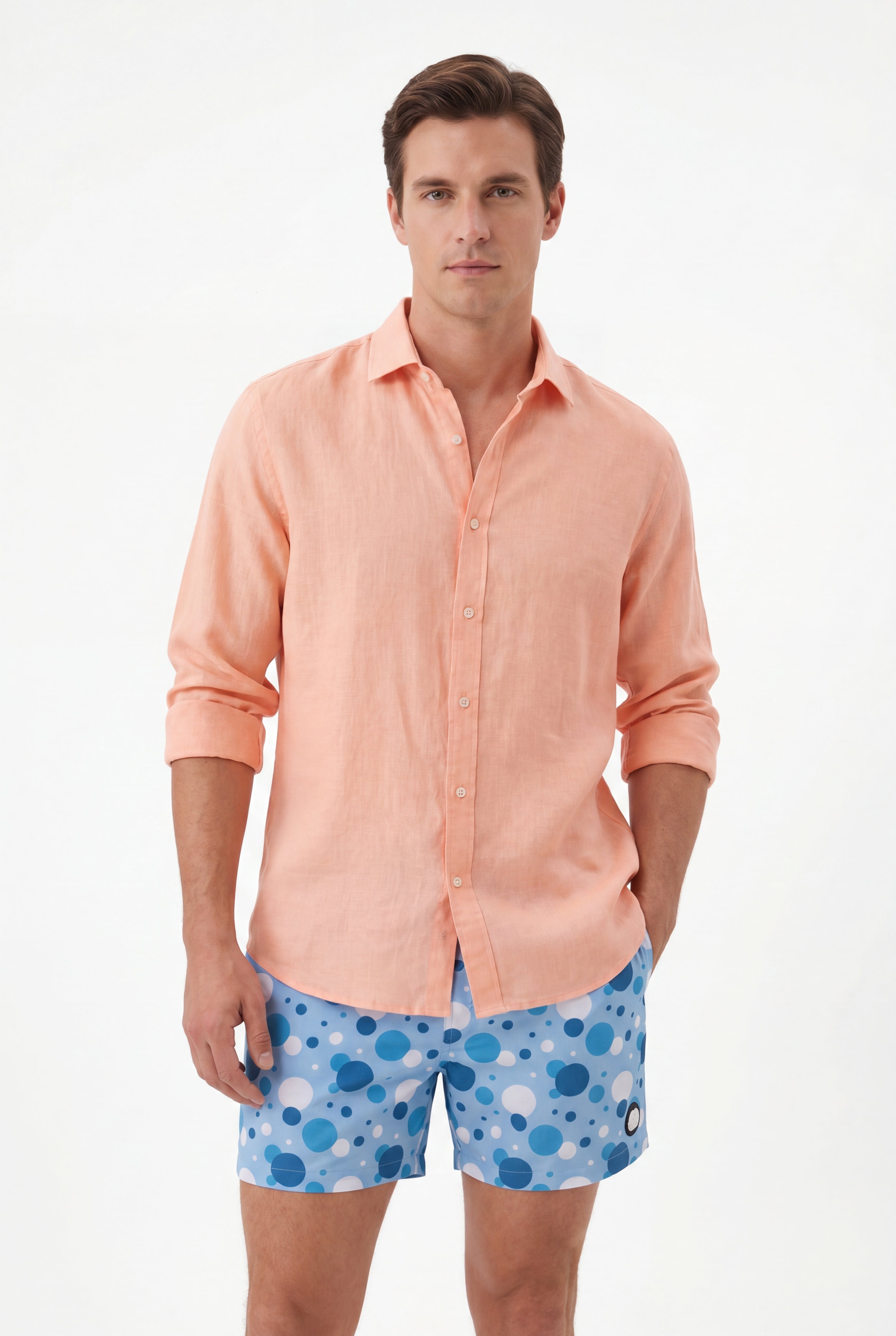 Bubble Swim Short -Light-Blue × linen short sleeves -Pink — Combo Look