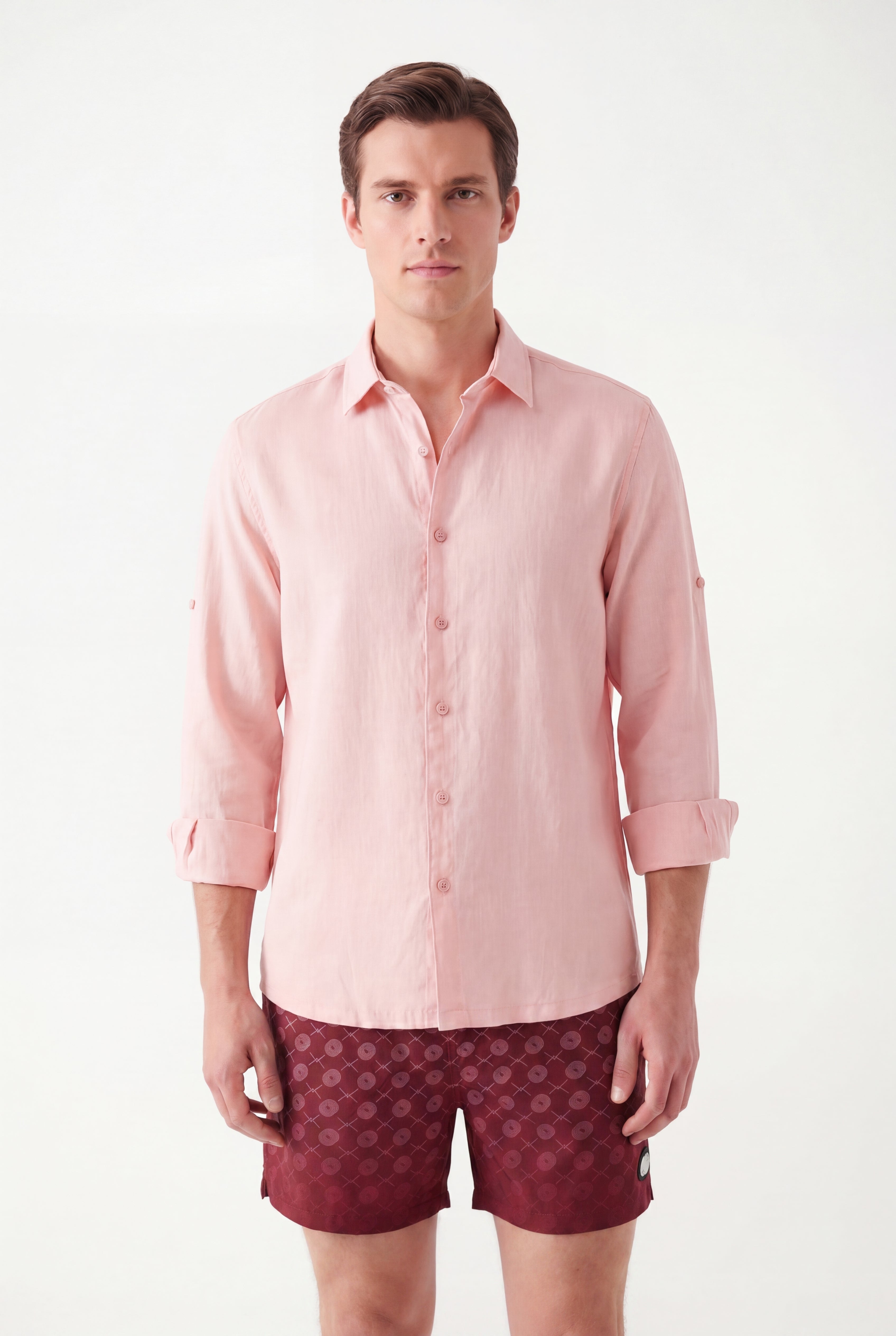 Signature Swim Shorts -Burgundy × Linen Long Sleeves-Pink — Combo Look