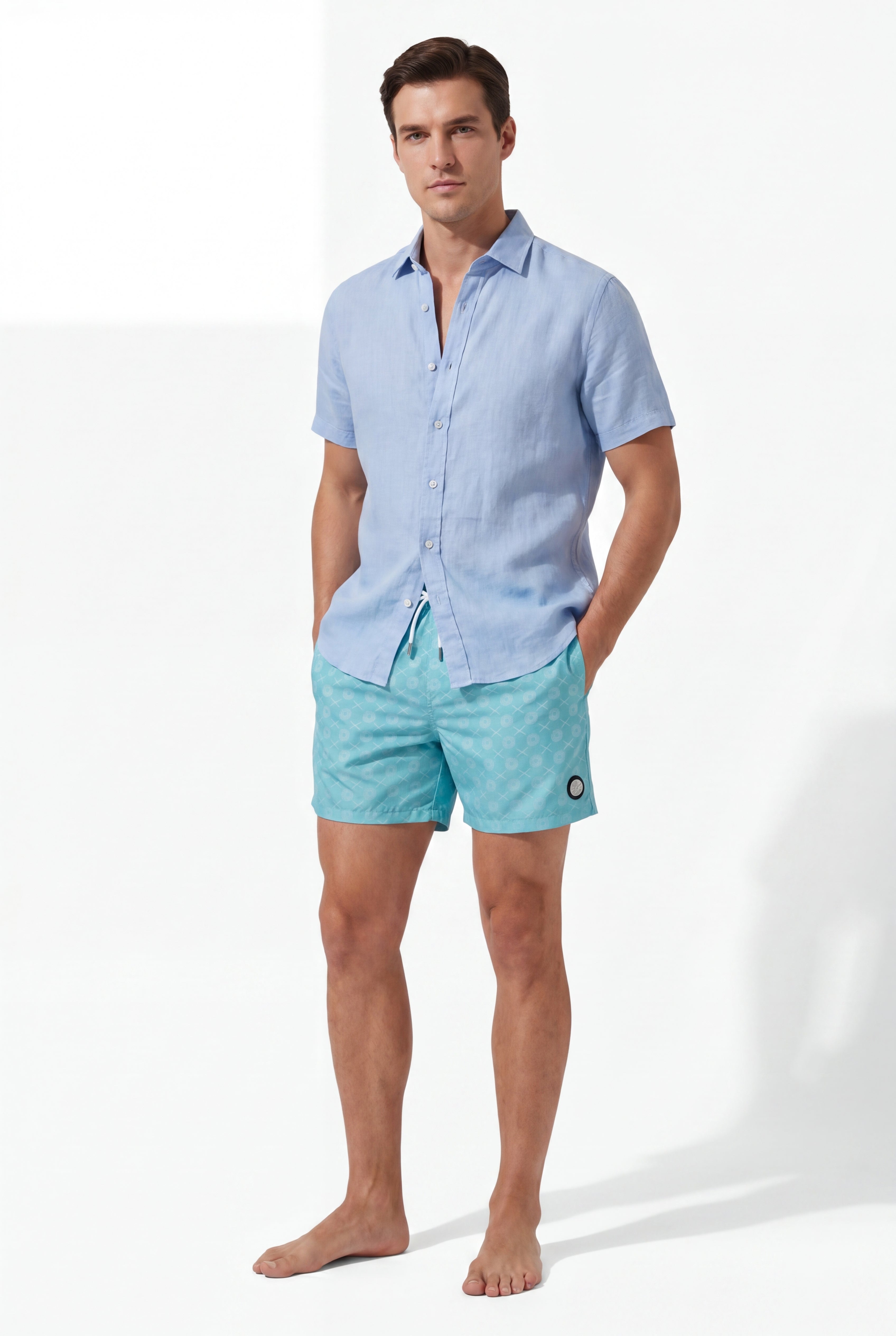 Signature Swim Shorts -Tiffany × Linen Short Sleeves-Ocean-Blue — Combo Look