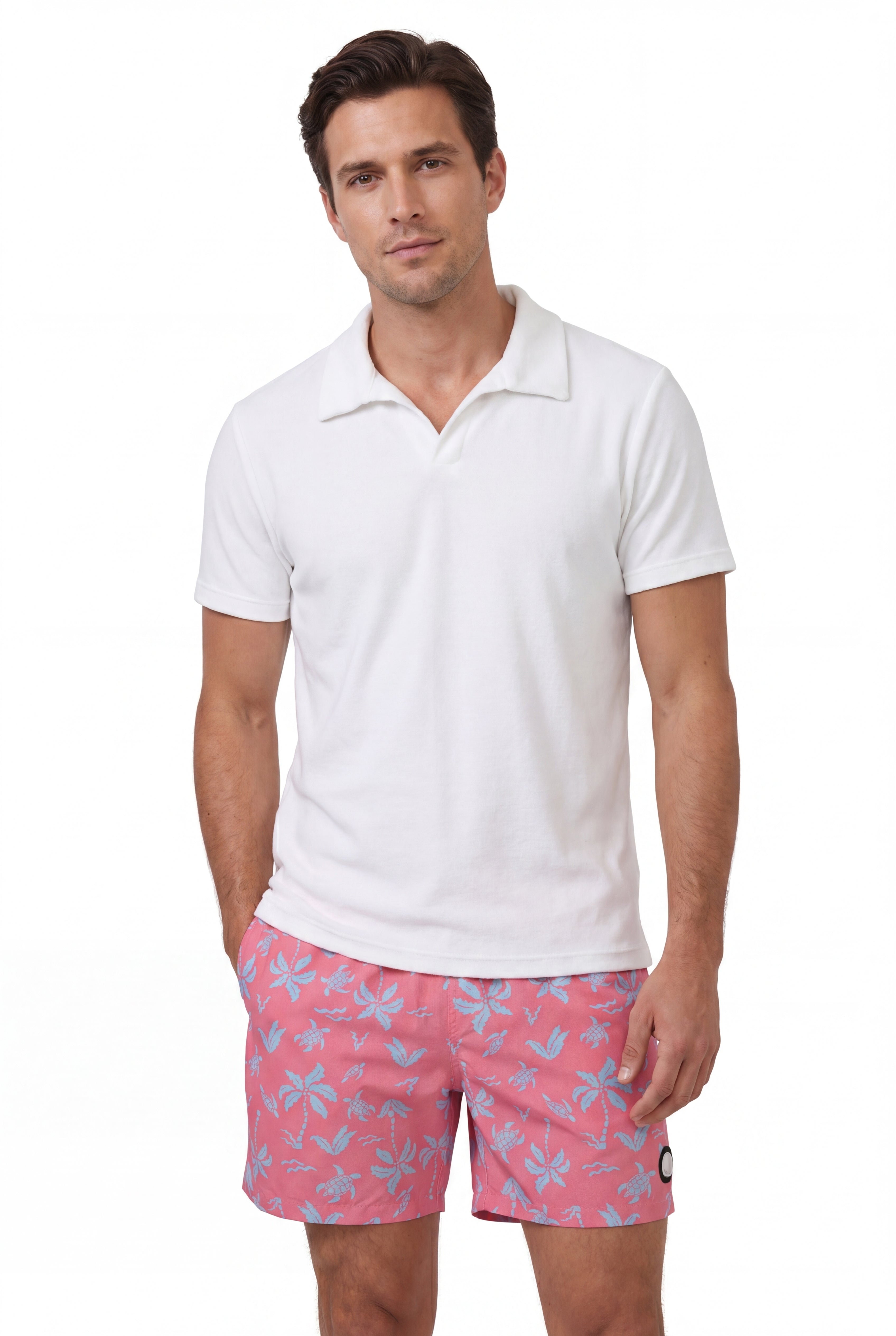Aqua Palms Swim Shorts -Blue/Pink × Towel Polo-White — Combo Look
