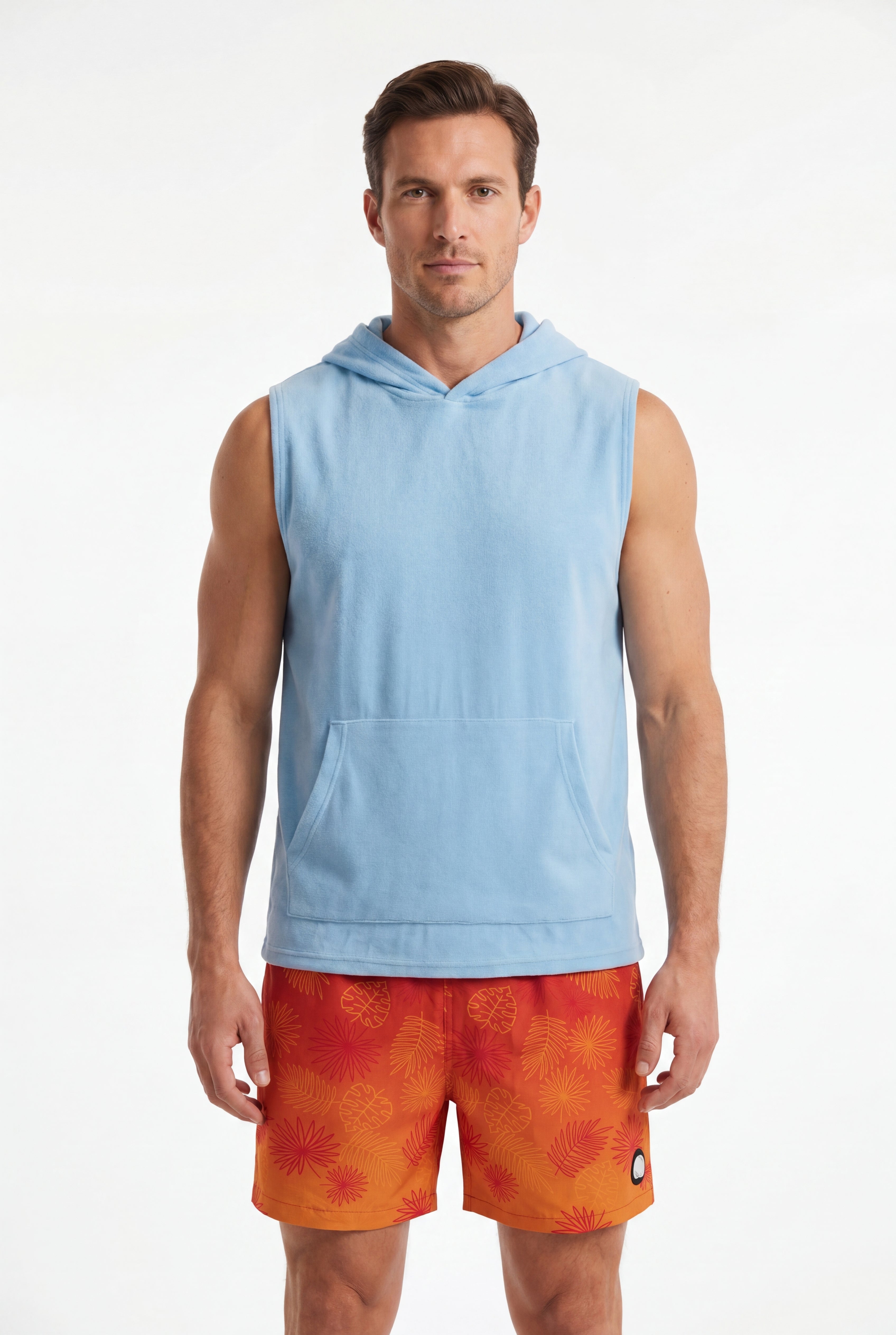 Tropical Swim Short -Orange-Red × Towel Hoodie-Baby-Blue — Combo Look