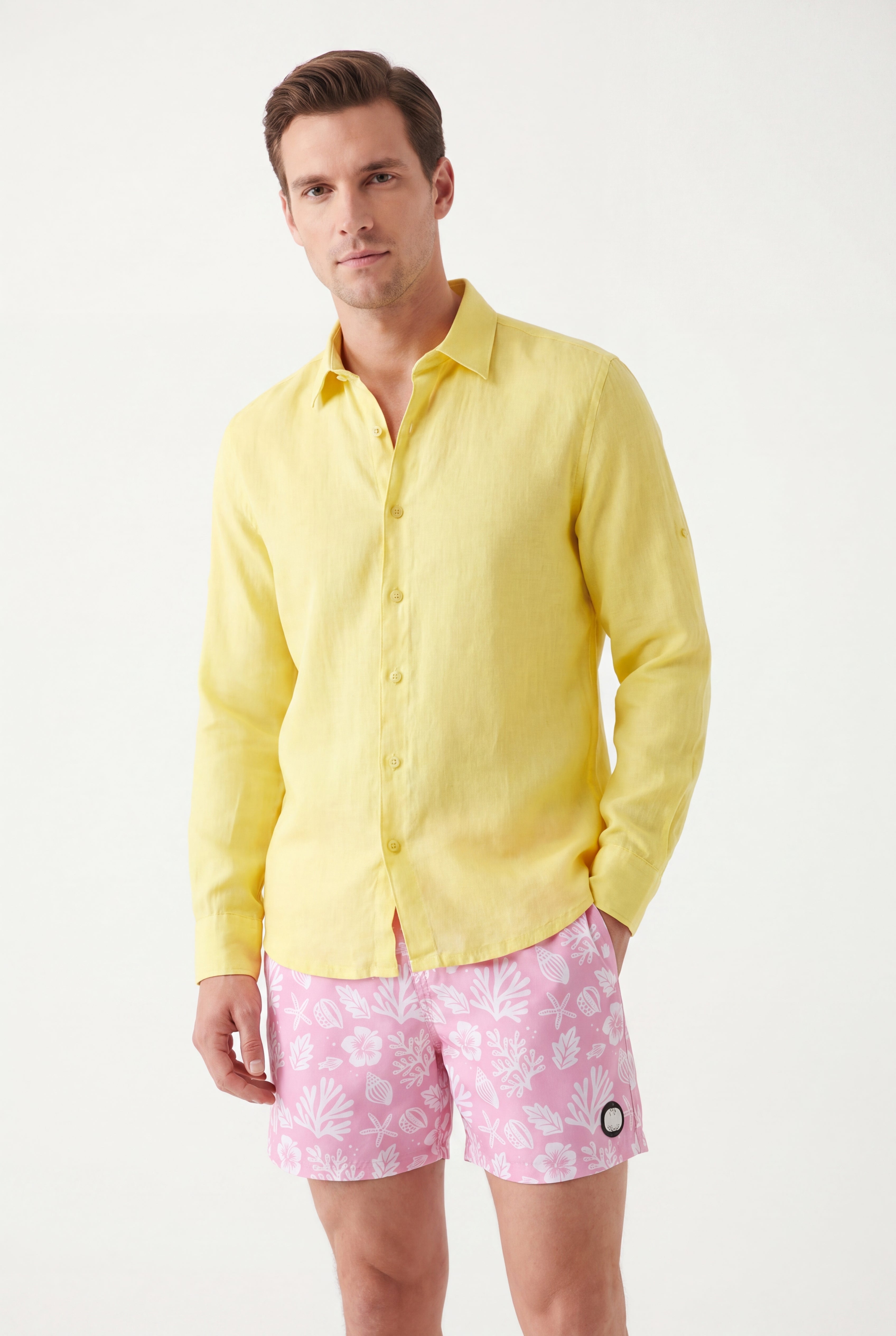 Sea Leaves Swim Short -Pink × Linen Long Sleeves-Lemon-Yellow — Combo Look
