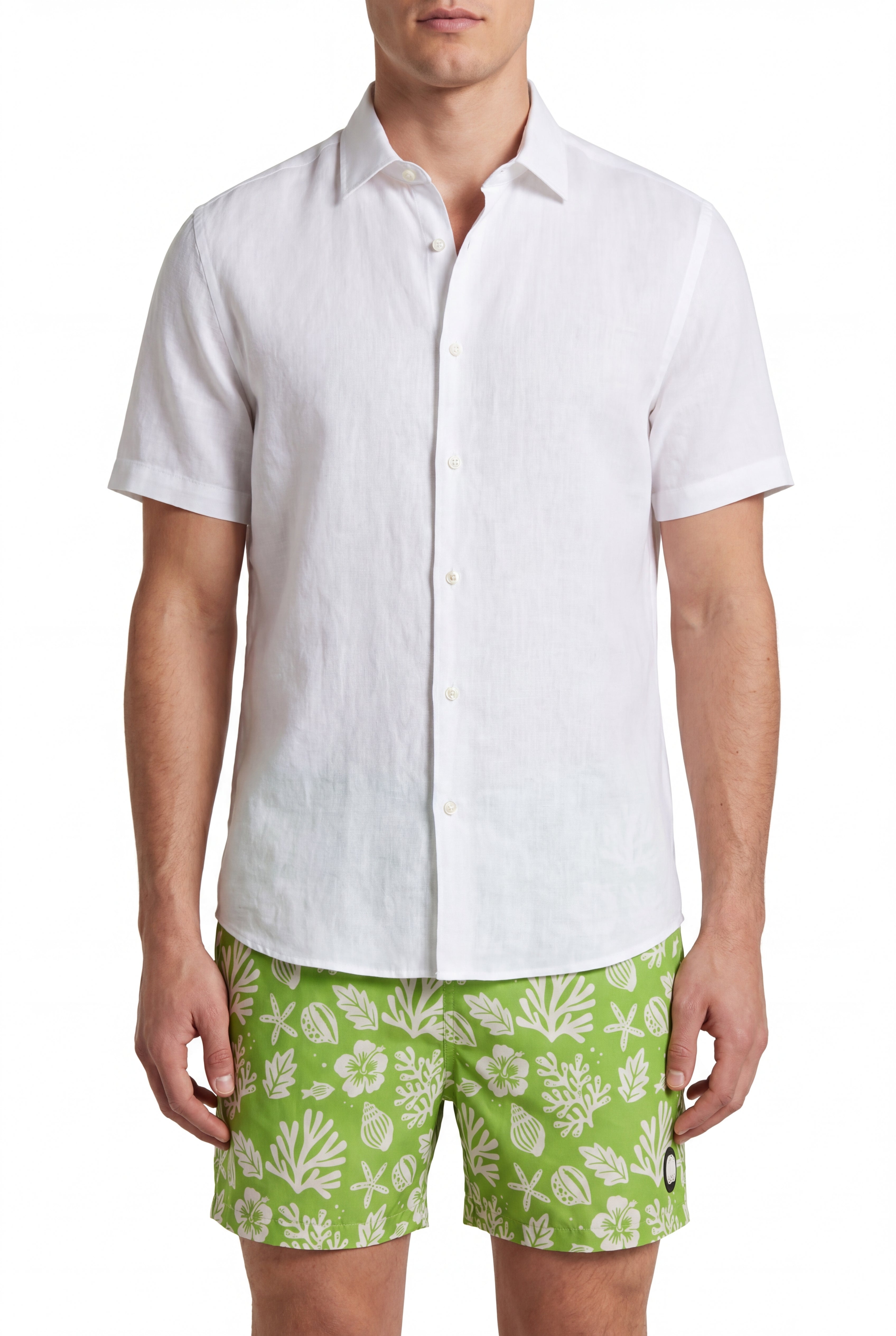 Sea Leaves Swim Short -Green × Linen Short Sleeves-White — Combo Look