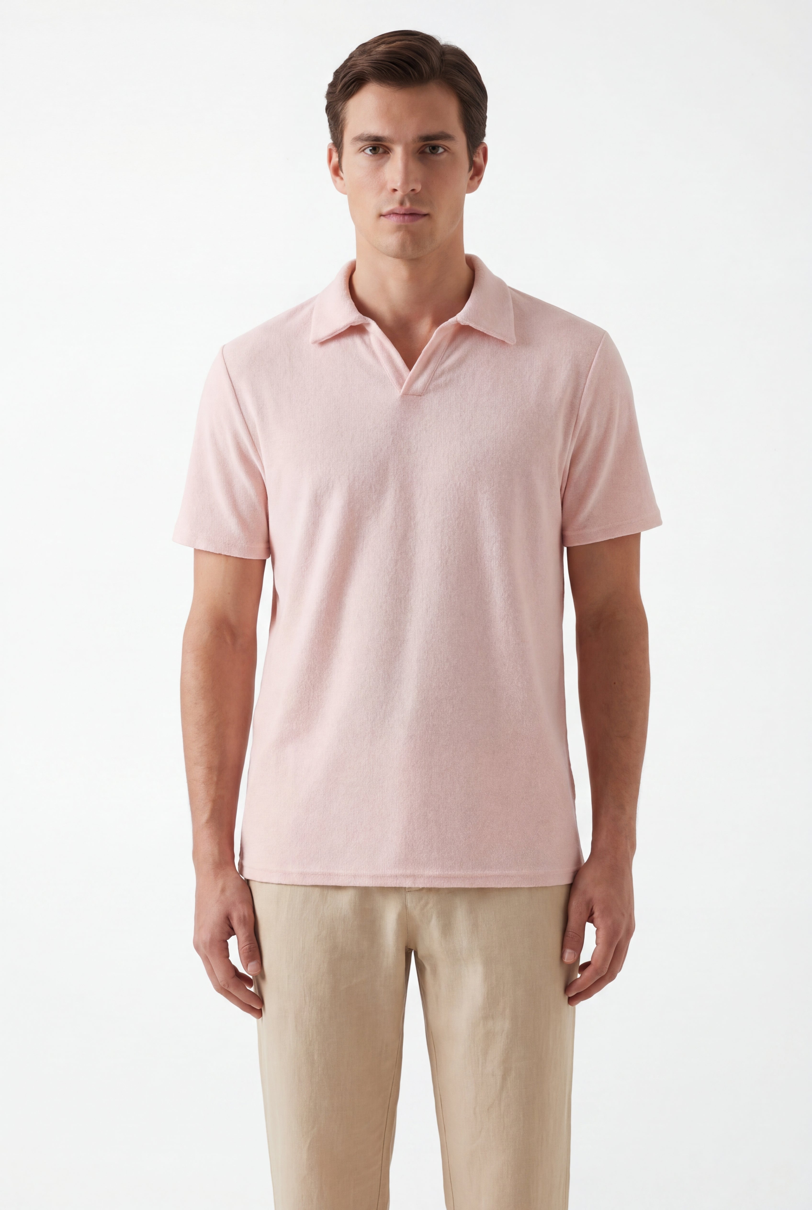 Towel Polo-Pink × Linen Pants-Beige — Combo Look