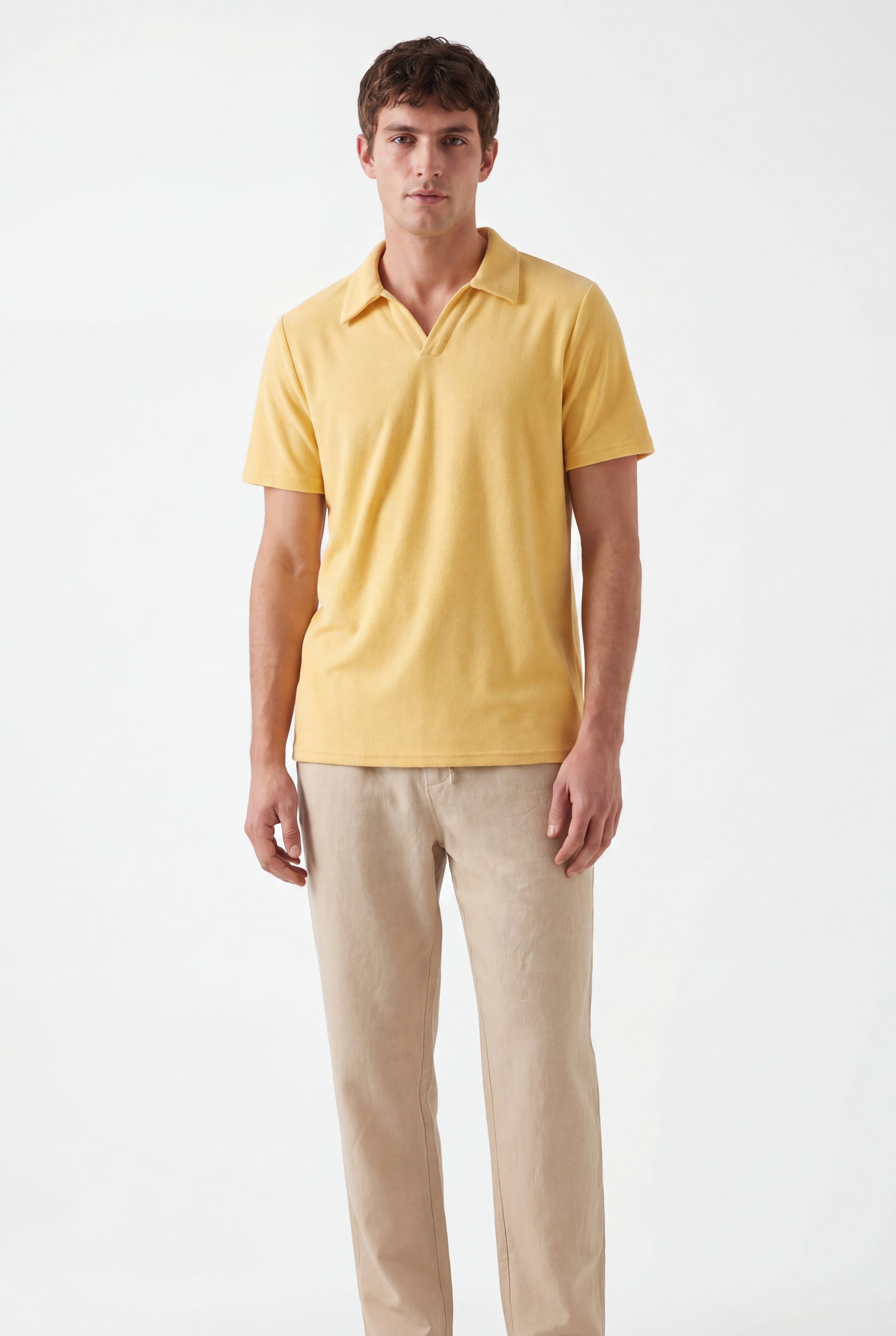 Towel Polo-Yellow × Linen Pants-Beige — Combo Look