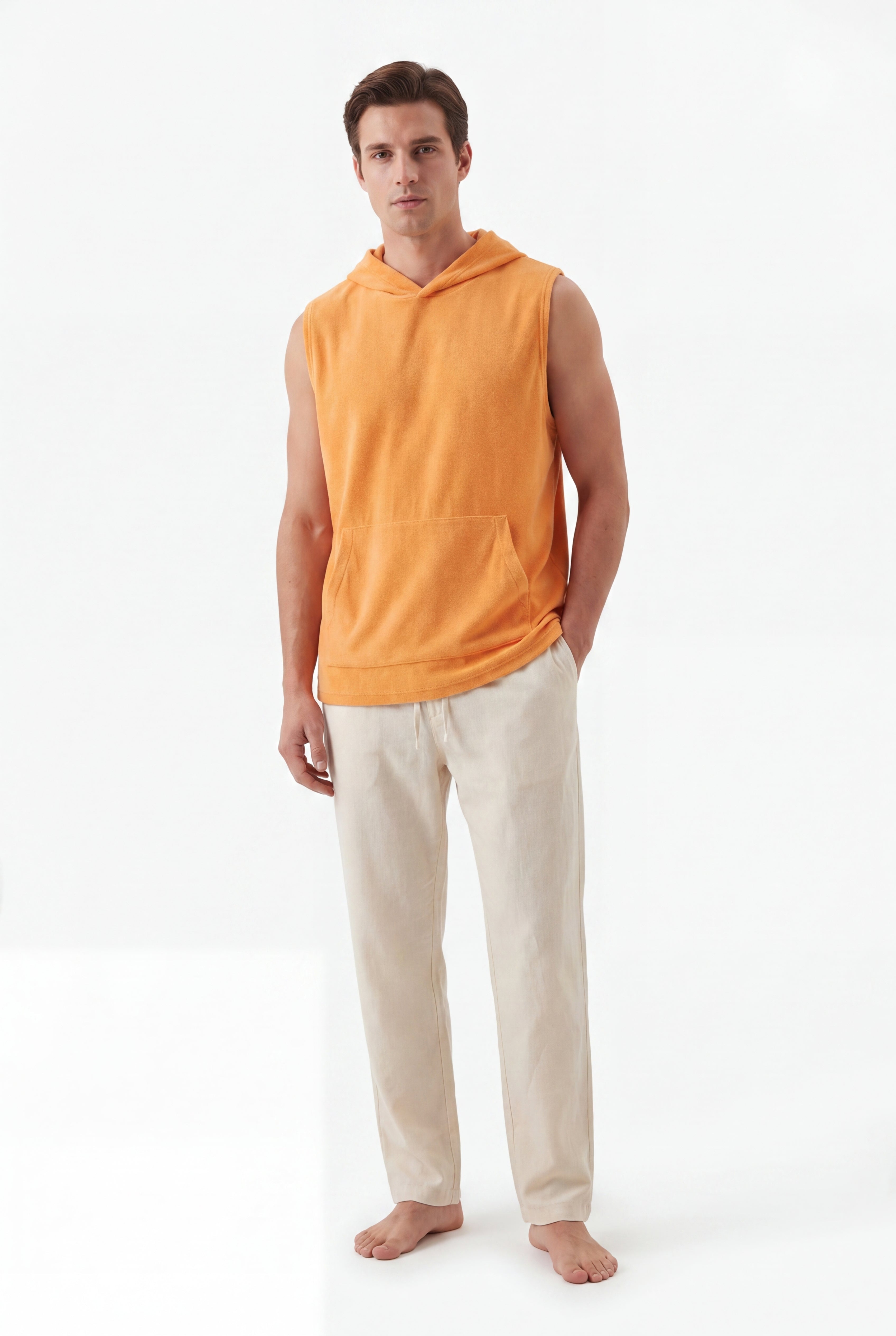Towel Hoodie-Light-Orange × Linen Pants-Ivory — Combo Look