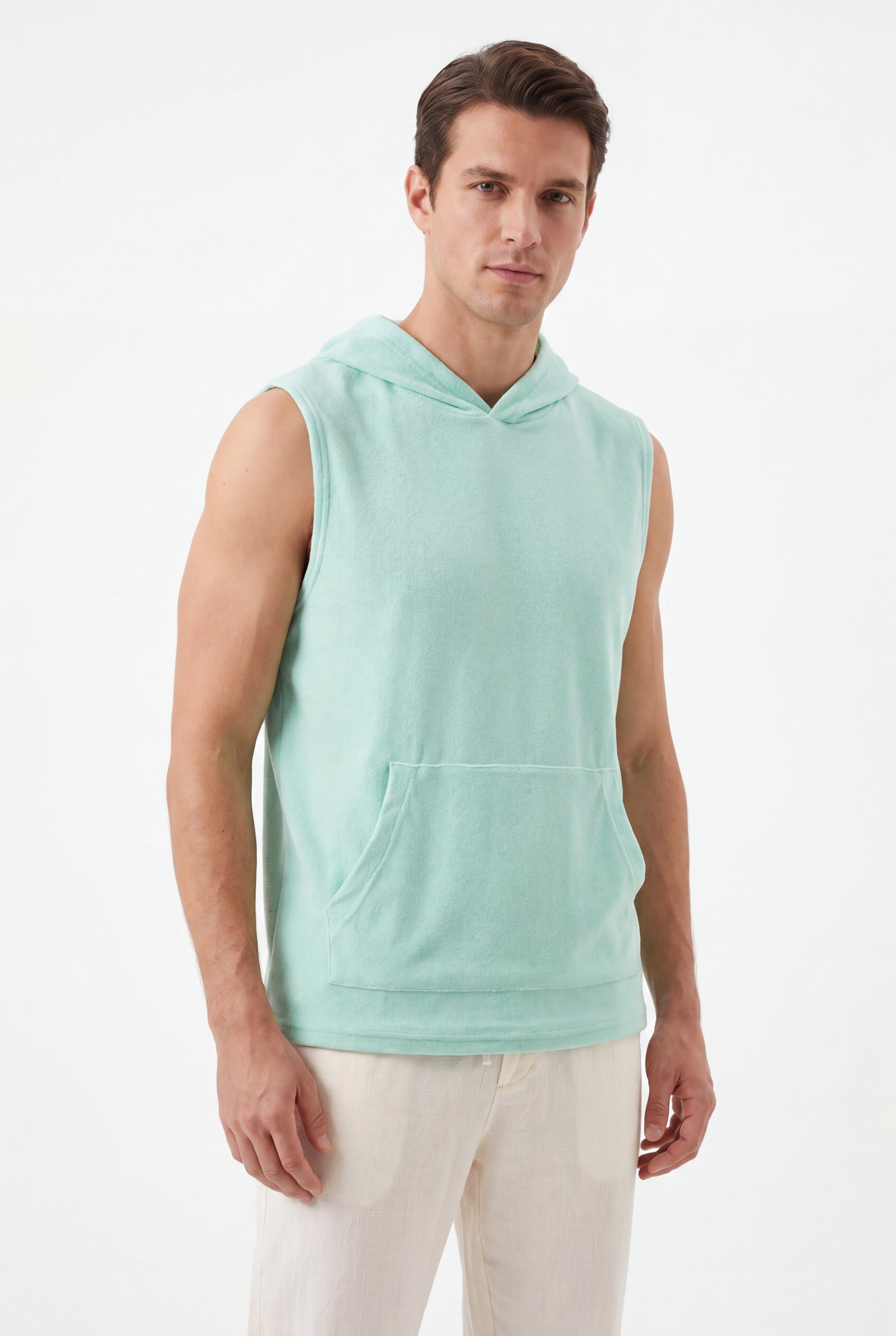 Towel Hoodie-Mint-Green × Linen Pants-Ivory — Combo Look