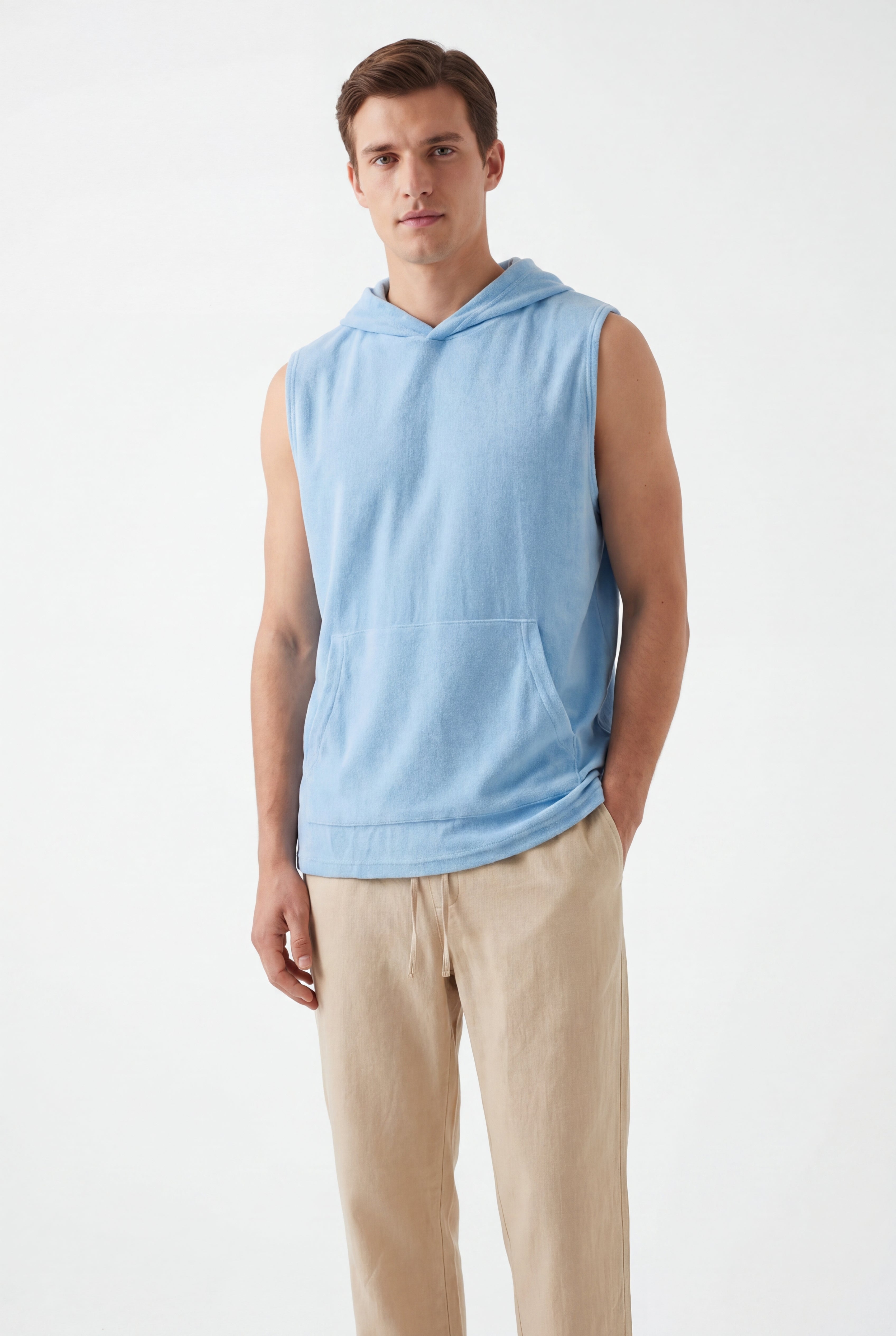 Towel Hoodie-Baby-Blue × Linen Pants-Beige — Combo Look