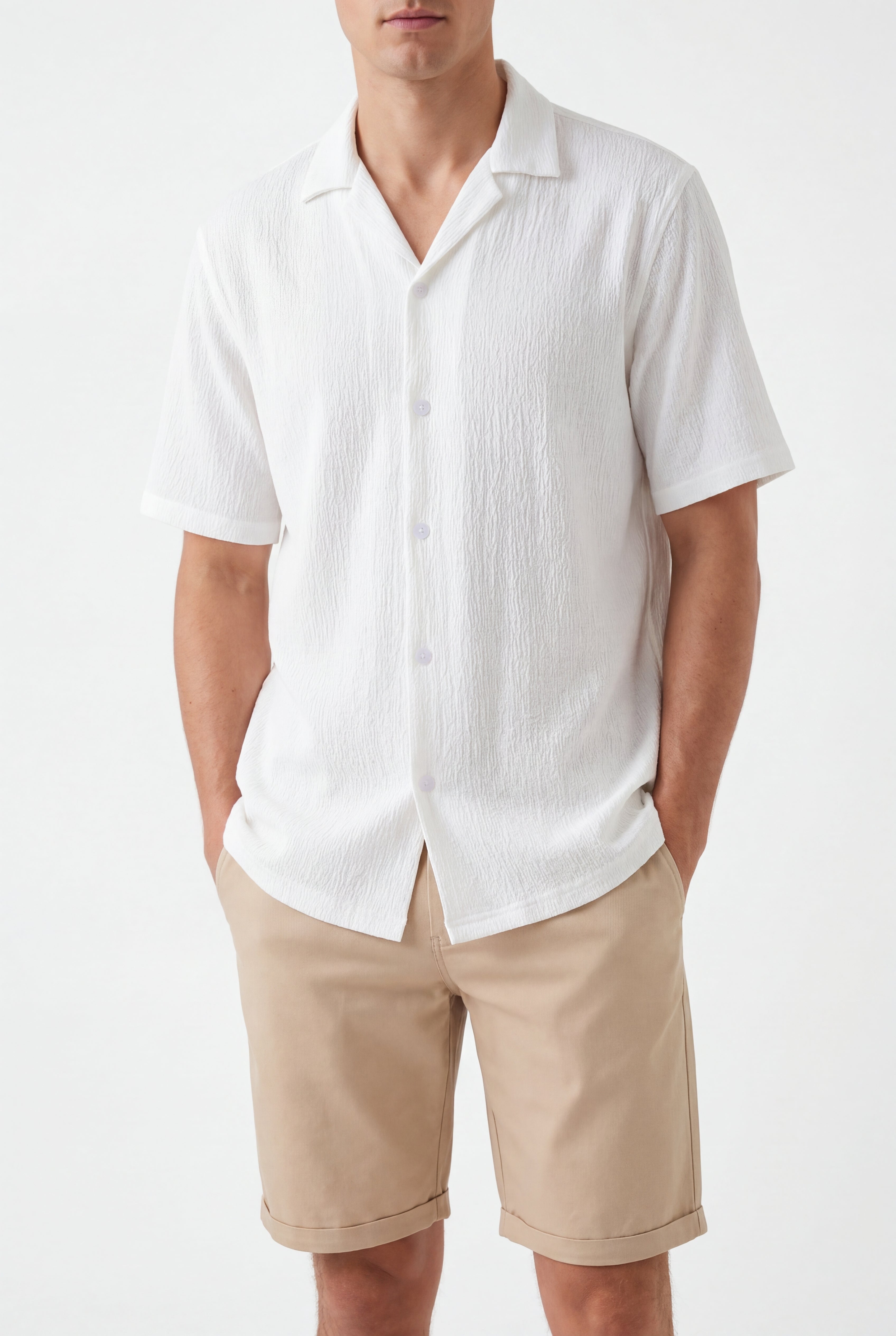 Textured T-shirt-White × Chino Short-Beige — Combo Look