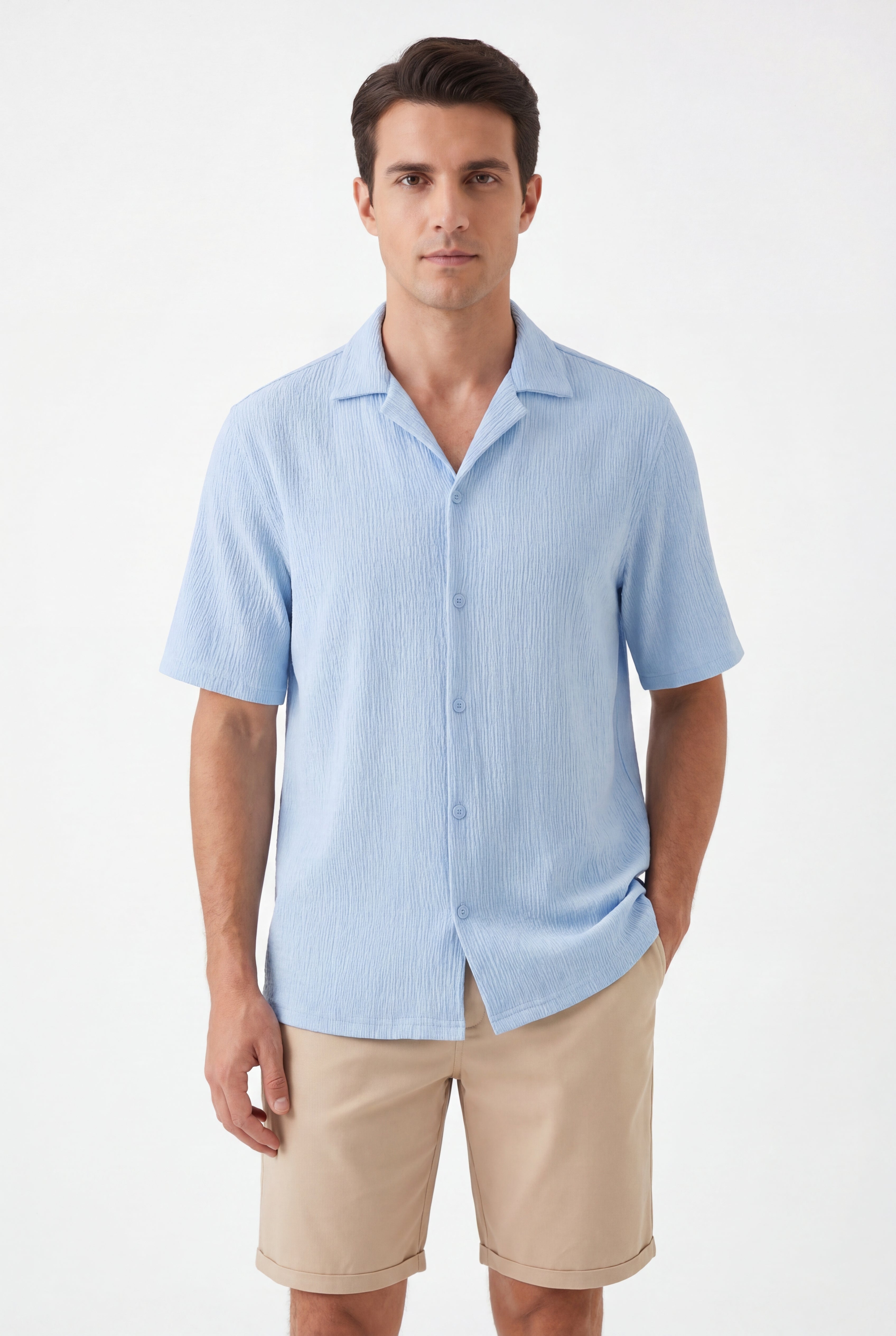 Textured T-shirt-Baby-Blue × Chino Short-Beige — Combo Look